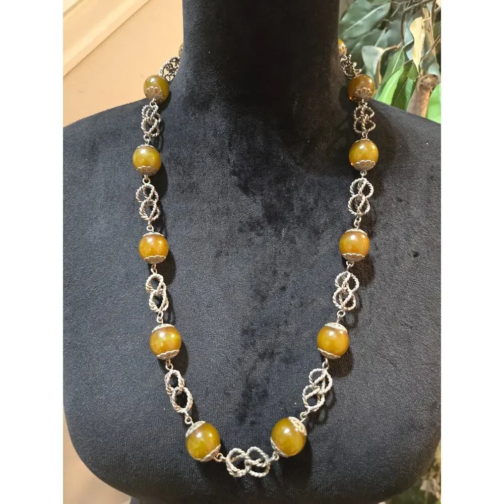 Women's Vintage Style Amber Color Bead Necklace Silver Tone Chain Round Beads